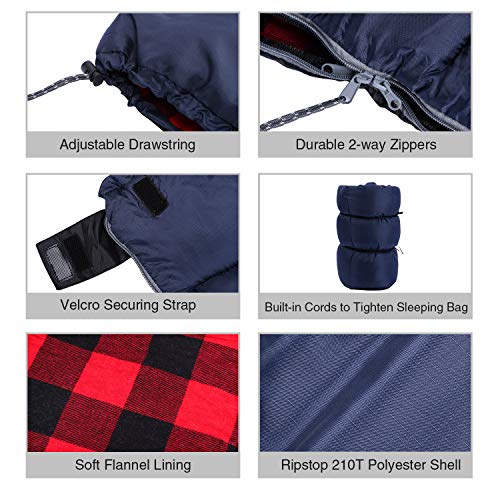 Cotton Flannel Sleeping Bag for Adults (Red Plaid with 2lbs Filling)