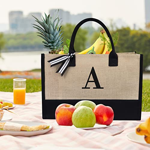 Initial Jute Canvas Tote Bag (Black & Brown / A)