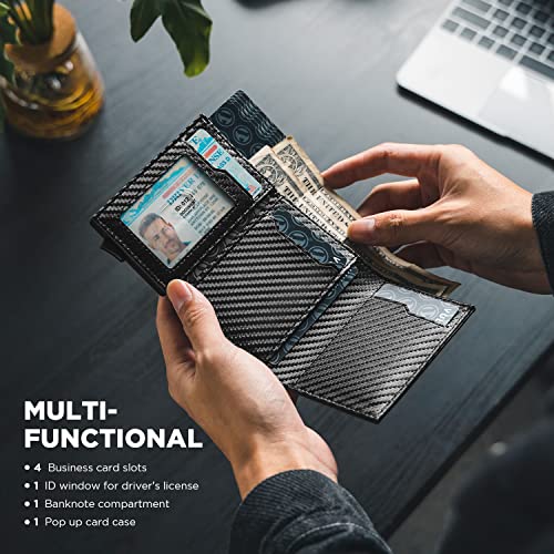 Pop up Card Wallet Minimalist Cash Wallets RFID Blocking Leather Smart Credit Card Holder with ID window for Men (Carbon Black)