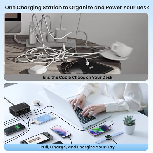 345W USB C Charger 10 in 1 Retractable Wall Charger with 2 Cables (Black / 345W)