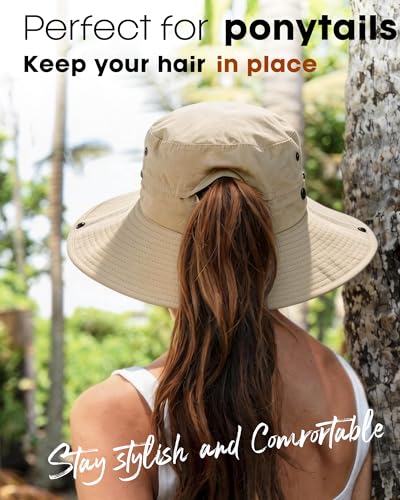 Sun Hats for Women Ponytail Wide Brim Summer Packable Cowboy Hat (One Size / Light Khaki)