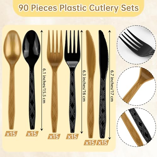 90 Pieces Black and Gold Plastic Cutlery Set (Black, Gold)