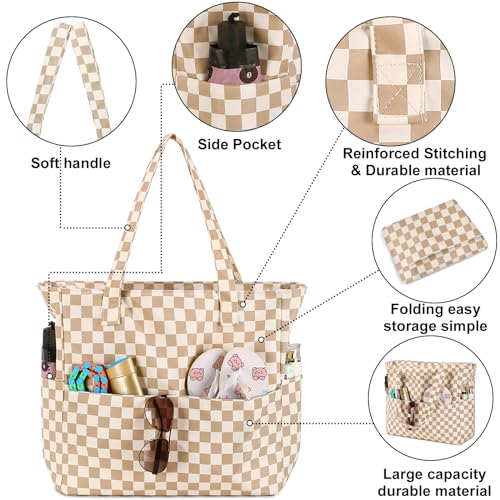 Waterproof Beach Tote Pool Bags for Women Ladies Extra Large Gym Tote Carry On Bag With Wet Compartment for Weekender Travel (A Checked Brown White)