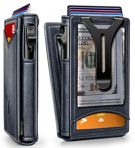 Men Slim Magnetic Leather Wallet Metal Case Money Clip 9 Cards (Purplish Blue-3927)