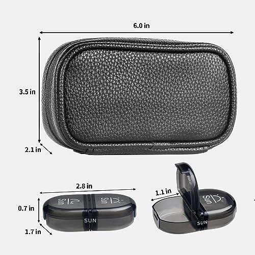 Weekly Travel Pill Organizer 2 Times a Day AM PM Black Pill Box (B Pu Black 01 / 1 Set PU Case)