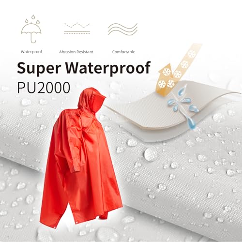 Hooded Rain Poncho for Adult with Pocket Waterproof Lightweight Unisex Raincoat for Hiking Camping Emergency (Large / Red)