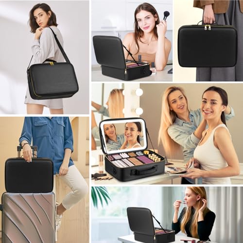 Professional Makeup Bag with LED Mirror (Black-Large / Hook&loop Detachable)