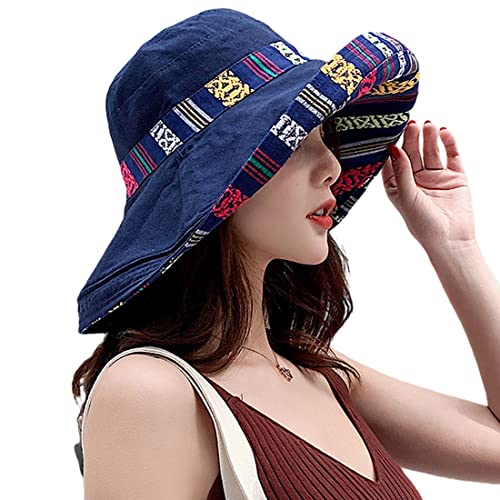 Women Summer Wide Brim Sun Hat Bucket Fishing Hats UV Protection (Medium / Qf001-navy)