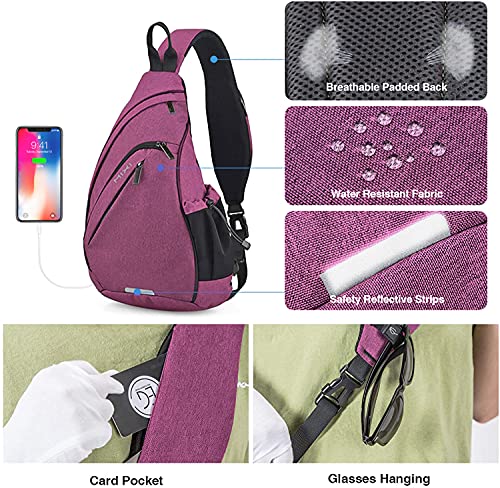 Sling Bag Men Backpack Unisex One Shoulder Bag Hiking Travel Backpack Crossbody with USB Port for Men Women Versatile Casual Daypack (Purple-17'')