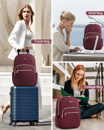Laptop Backpack Purse for Women (Wine Red / 15.6-Inch)