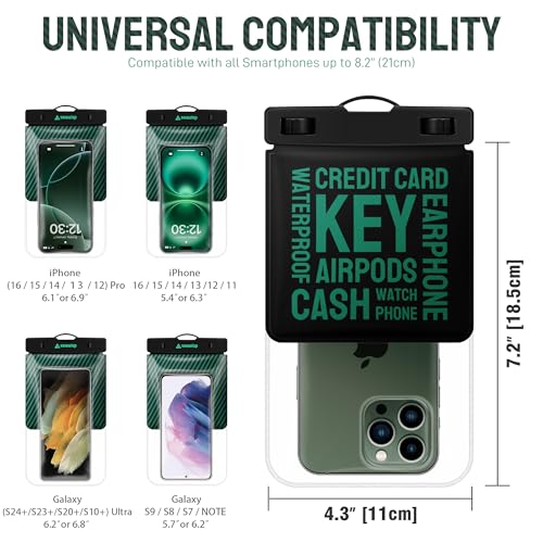 Universal Waterproof Phone Pouch [Double Space] IPX8 Dry Bag with Lanyard for iPhone 16 15 14 13 12 Pro Max XS XR X Galaxy S25 S24 S23 Ultra (Black/Green)
