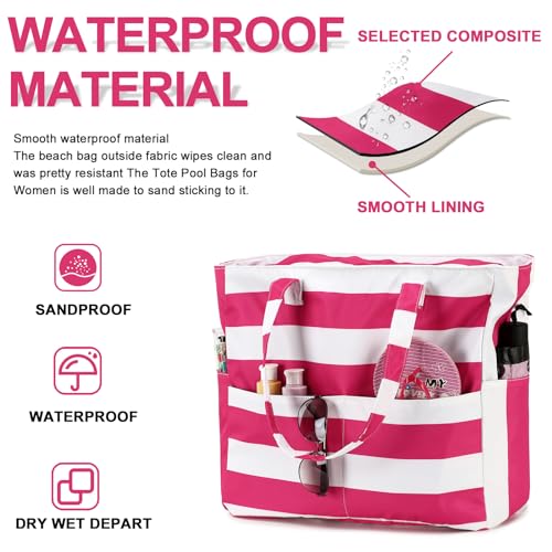 Waterproof Beach Tote Pool Bags for Women Ladies Extra Large Carry On Bag With Wet Compartment for Weekender Travel (Rose-pink Stripes)