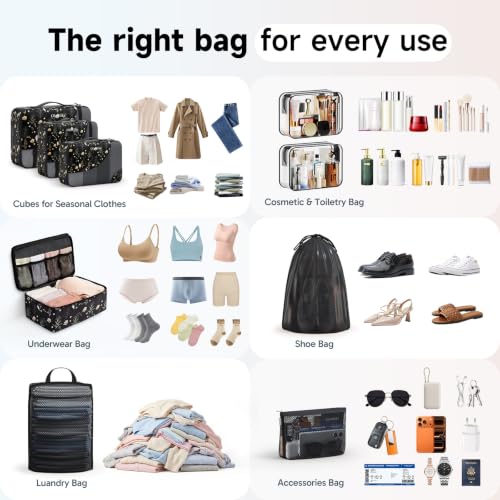 Packing Cubes for Travel (14 Black Flower)