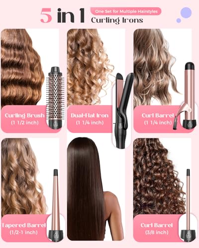5 in 1 Curling Iron with Thermal Brush and 4 Interchangeable Ceramic Barrels (Curling Iron (1/2"-1 1/2"))
