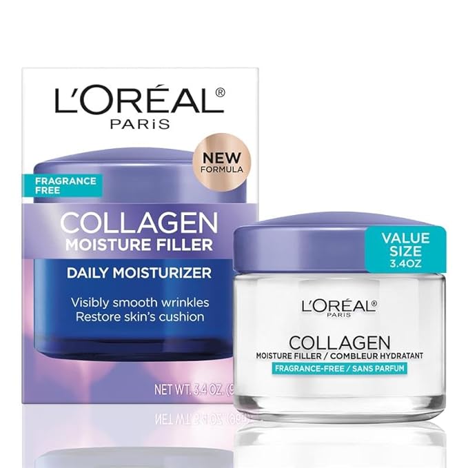 L'Oreal Paris Collagen Moisture Filler Face Cream, Anti-Aging Face Moisturizer, Non-Greasy Fragrance Free Skin Care Formula For Up to 48HR Hydration, 3.4 Oz