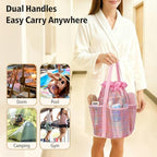Mesh Shower Caddy Portable with Drawstring (Pink Grid)