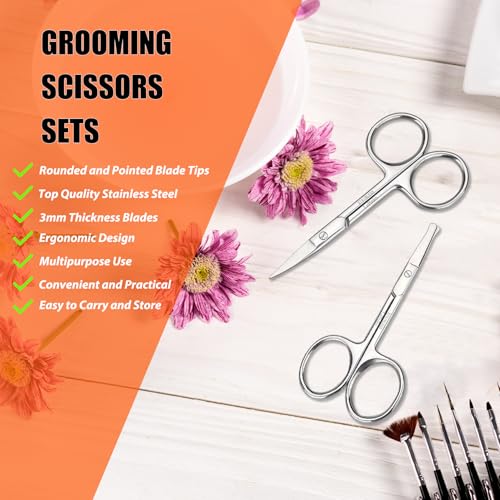 Facial Hair Small Grooming Scissors For Men Women (2PCS - Without Cover / Silver)