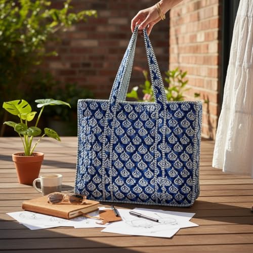 100% Cotton Quilted Tote Bag For Women (Indigo Block Print)