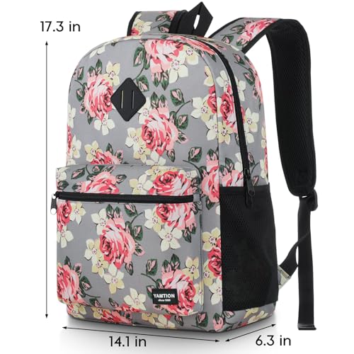 School Backpack Women and Teen Girl (15.6 inch / Gray Flower)