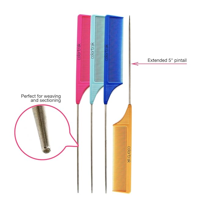 Colortrak Carbon Fiber Combs, Durable, Heat-Proof Comb, Anti-Static to Prevent Frizz, Bleach Safe Stainless Steel Pintail, 4pc Bag (Orange, Teal, Blue, Pink)