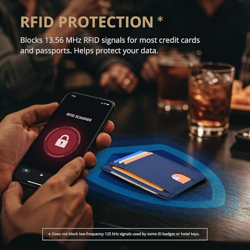 Slim Minimalist Front Pocket RFID Blocking Leather Wallets for Men and Women (Small / Carbon Fiber Blue)