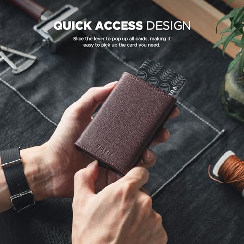 Pop up Card Wallet Minimalist Cash Wallets RFID Blocking Leather Smart Credit Card Holder with ID window for Men (Top-Grain Cowhide Litchi Espresso)