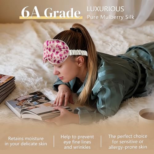 Adjustable 22 Momme 100% Pure Mulberry Silk Sleep Mask (Leopard - Pink/Purple / 1 Count (Pack of 1))