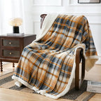 Sherpa Blanket Queen Plaid Thick Bed Blanket (Blue Yellow Check / 80"*90")