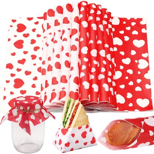 100 Pcs Valentine's Day Wax Paper Sheets for Food Wrapping (Red, White / Valentine's Stylish)
