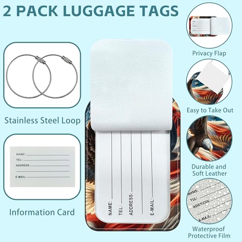 2 Pack Cute Luggage Tag for Suitcases Eagle and American Flag Leather Luggage Tags with Stainless Steel Loop Privacy Flap Name Tags (Eagle and American Flag)