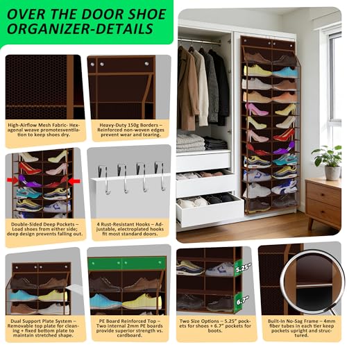 24 Pair Over Door Shoe Organizer for Family & Kids (12-Tier / 24 Walnut Brown)
