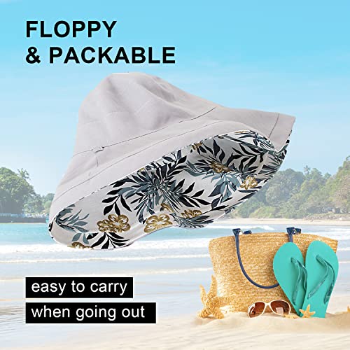 Women Floral Reversible Wide Brim Sun Hats Summer UV Protection Hiking Fishing Hat Wired Edge Beach Garden Lawn Work Cap Chin Strap (Medium / Qf002-gray)