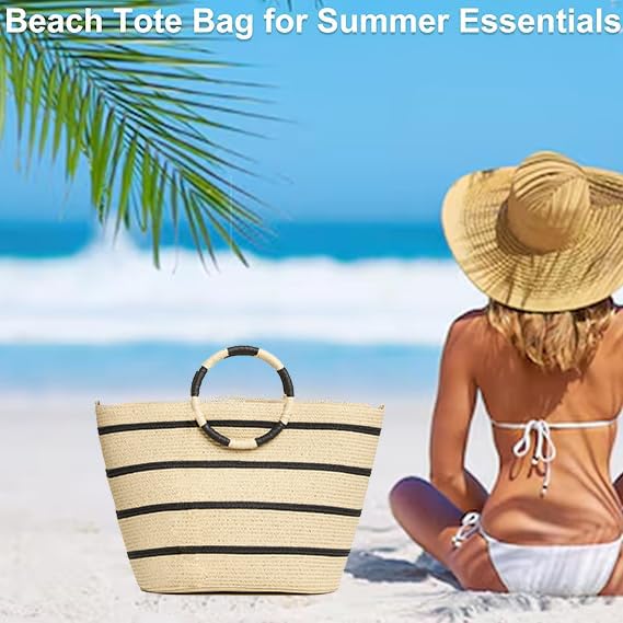 Beach Bags for Women Straw Tote Bag Summer Beach Bag Large Woven Straw Tote for Vacation Holiday (White)