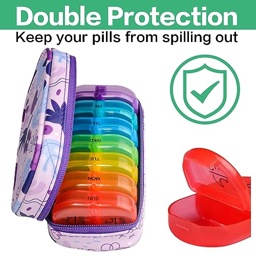 Weekly Travel Pill Organizer 2 Times a Day AM PM Rainbow Pill Box (B Pu Purple 02 / 1 Set PU Case)