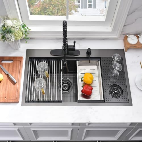 33x19 Black Drop In Kitchen Sink with Cup Washer Workstation Sink (33"L x 19"W x 10"D / Black( Glass Rinser))