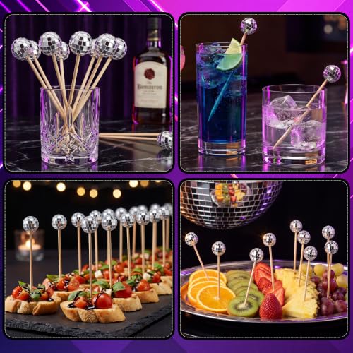 100 Pcs Disco Ball Cocktail Picks 4.7 Inch Mirror Ball End (Disco Ball)