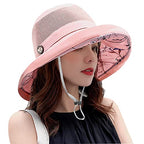 Women Summer Mesh Sun Hats Floppy Wide Brim UV Protection Fishing Hat Beach Hiking Garden Travel Lawn Work Cap Chin Strap (One Size / M9163-pink)
