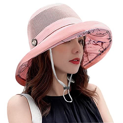Women Summer Mesh Sun Hats Floppy Wide Brim UV Protection Fishing Hat Beach Hiking Garden Travel Lawn Work Cap Chin Strap (One Size / M9163-pink)