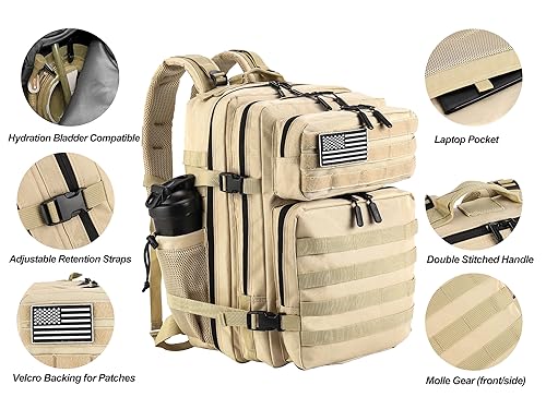 Military Tactical Backpack for Men and Women 45L Army 3 Days Assault Pack Bag Large Rucksack with Molle System Cream (Cream)