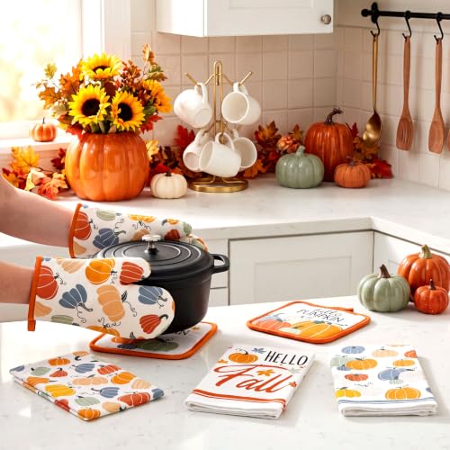 12 Pcs Fall Pumpkin Kitchen Decor Set 6 Towels 2 Kitchen Rugs (Multicolor / Multicolored Pumpkin)