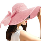 Womens Bowknot Straw Hat Large Foldable Beach Sun Hat Roll up UPF 50+ (Pink / 5.7" Brim, 1 Pack)