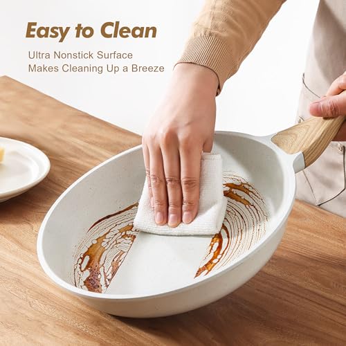 Ceramic Nonstick Frying Pan Skillets (White / 8+11 Inch w/ Lid)