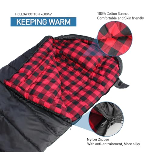 0 Degree Sleeping Bag Cotton Flannel Winter Cold Weather for Adults XXL Sleeping Bag 4 Season Big and Tall with Pillow Compression Sack (Black_L)