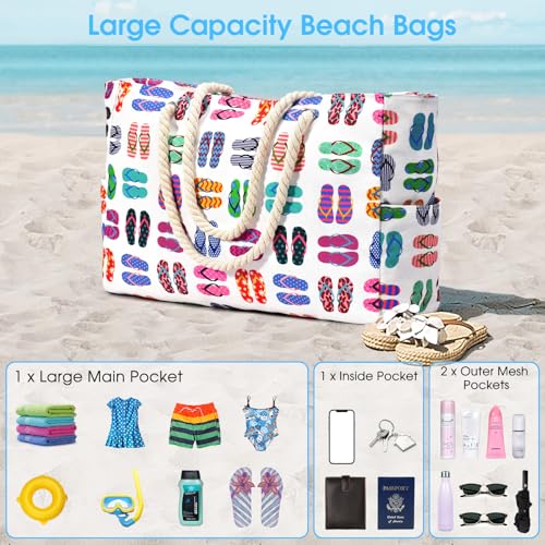 Beach Bags for Women Large Waterproof Sandproof Beach Tote Swim Pool Bag with Zipper (Slipper)