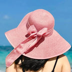 Womens Bowknot Straw Hat Large Foldable Beach Sun Hat Roll up UPF 50+ (Pink / 5.7" Brim, 1 Pack)