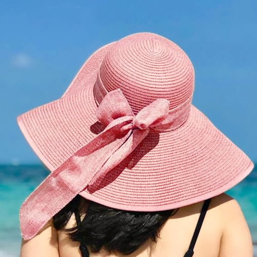 Womens Bowknot Straw Hat Large Foldable Beach Sun Hat Roll up UPF 50+ (Pink / 5.7" Brim, 1 Pack)