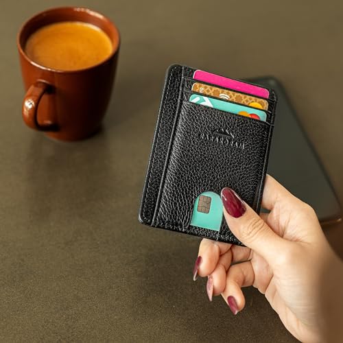 LEATHER Handcrafted Front Pocket Credit Card Holder with RIFD Blocking (Jet Black)