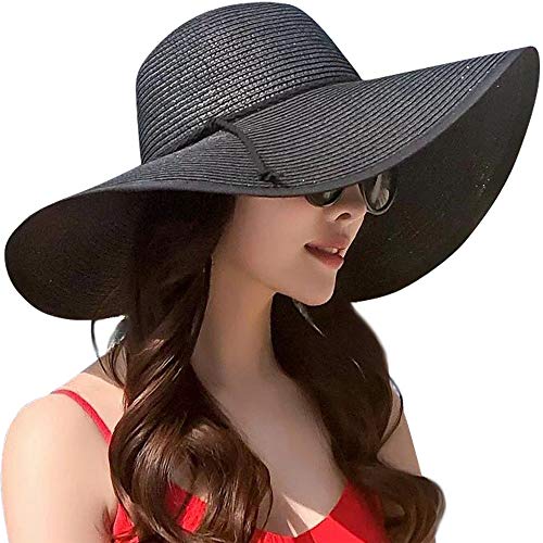Women Twine Wide Brim Straw Hats Big Floppy Summer Hat Foldable Roll up Cap Beach Sun Hat UPF 50+ (Black)