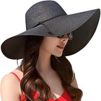 Women Twine Wide Brim Straw Hats Big Floppy Summer Hat Foldable Roll up Cap Beach Sun Hat UPF 50+ (Black)