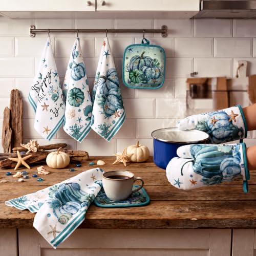 10 Pcs Fall Pumpkin Kitchen Decor Set Kitchen Towels Pot Holders Oven Mitts and Rugs Set Thanksgiving Towels for Baking Cooking BBQ Autumn Home (Navy Blue / Ocean Pumpkin)